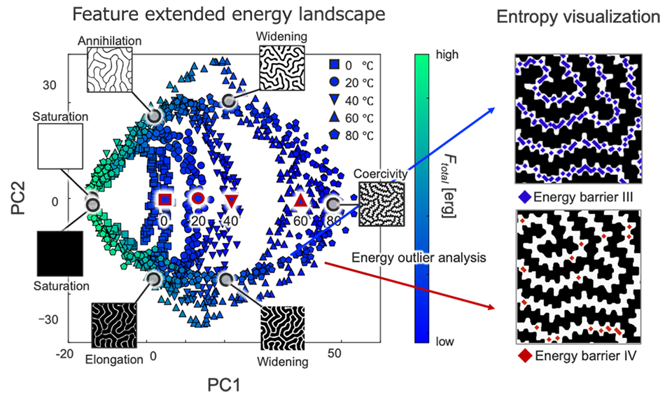 Entropy-extended free energy landscape reveals magnetization reversal in maze domains