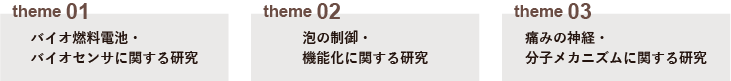 テーマ1バイオ燃料電池・バイオセンサに関する研究,テーマ２泡の制御・
機能化に関する研究,テーマ3痛みの神経・分子メカニズムに関する研究