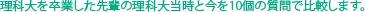 理科大を卒業した先輩の理科大当時と今を10個の質問で比較します。