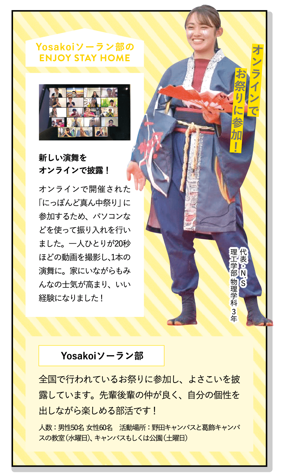 オンラインでお祭りに参加！ | [新しい演舞をオンラインで披露！]オンラインで開催された「にっぽんど真ん中祭り」に参加するため、パソコンなどを使って振り入れを行いました。一人ひとりが20秒ほどの動画を撮影し、1本の演舞に。家にいながらもみんなの士気が高まり、いい経験になりました！ | [Yosakoiソーラン部]全国で行われているお祭りに参加し、よさこいを披露しています。先輩後輩の仲が良く、自分の個性を出しながら楽しめる部活です！ | ENJOY STAY HOME(代表・N.S 理工学部 物理学科 3年)