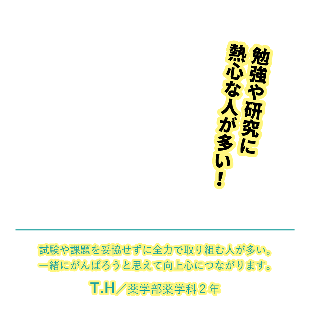 勉強や研究に熱心な人が多い！ | 試験や課題を妥協せずに全力で取り組む人が多い。一緒にがんばろうと思えて向上心につながります。