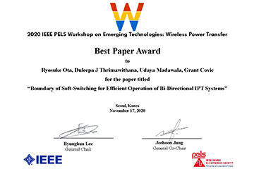 本学教員が国際学会「2020 IEEE PELS Workshop on Emerging Technologies: Wireless Power Transfer」において、Wireless Power Transfer Best Paper Awardを受賞