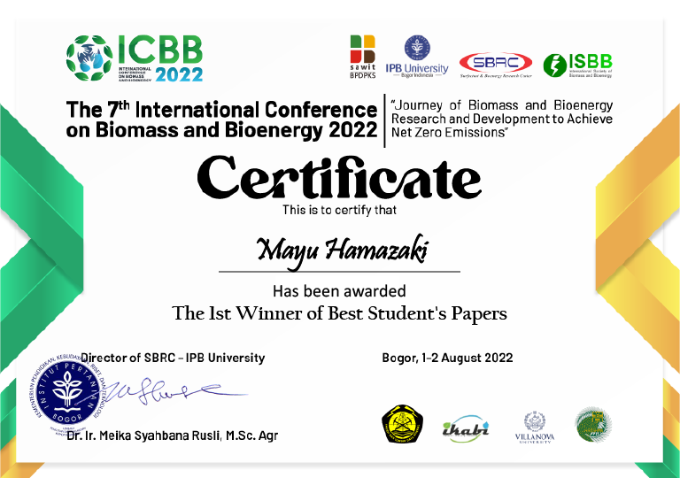 本学大学院生及び学生が国際学会International Conference on Biomass and Bioenergy (2022) Best Student's Paper Awards (1st. Winner) を受賞