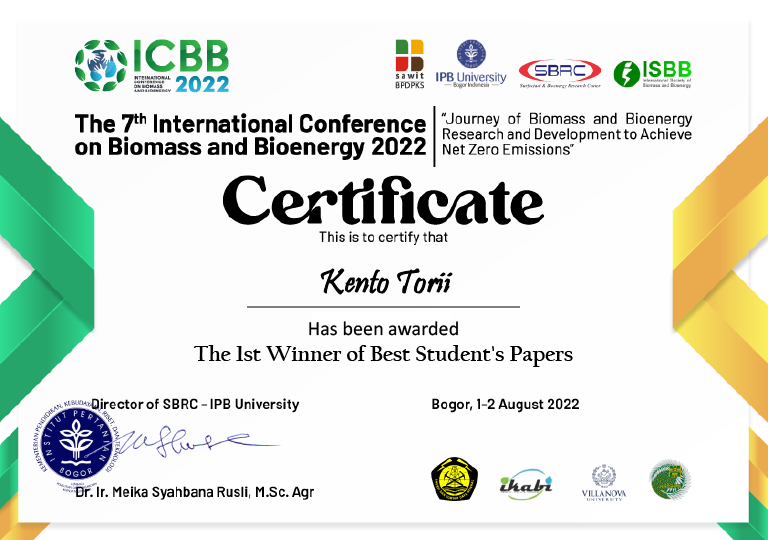 本学大学院生及び学生が国際学会International Conference on Biomass and Bioenergy (2022) Best Student's Paper Awards (1st. Winner) を受賞