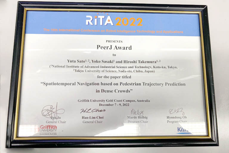 本学大学院生がThe 10th International Conference on Robot Intelligence Technology and Applications (RiTA2022)においてPeerJ Awardを受賞