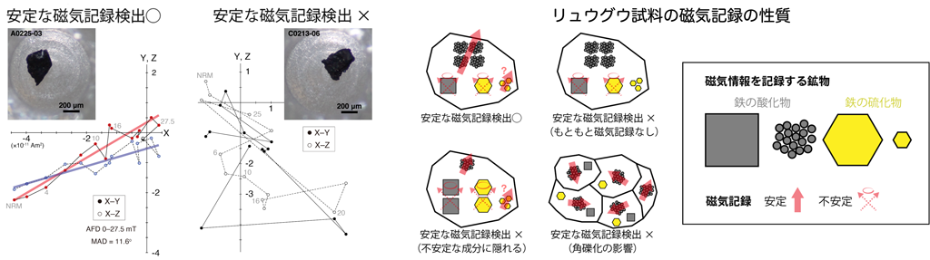 リュウグウ試料の磁気記録データ（左）と磁気記録の性質（右）