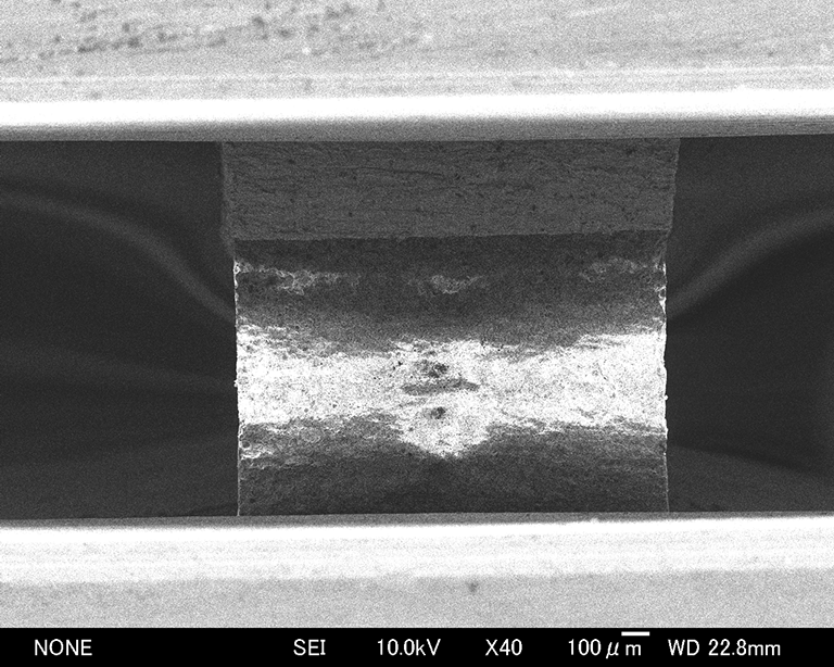 図題：銅材料を含む材料界面強度試験における走査電子顕微鏡像