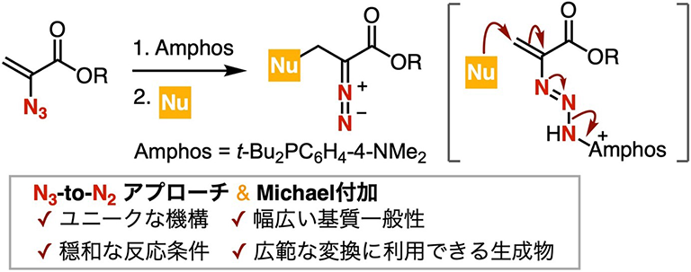 図 本研究で見出したアジド-ジアゾ（N₃-to-N₂）変換を伴うMichael付加反応