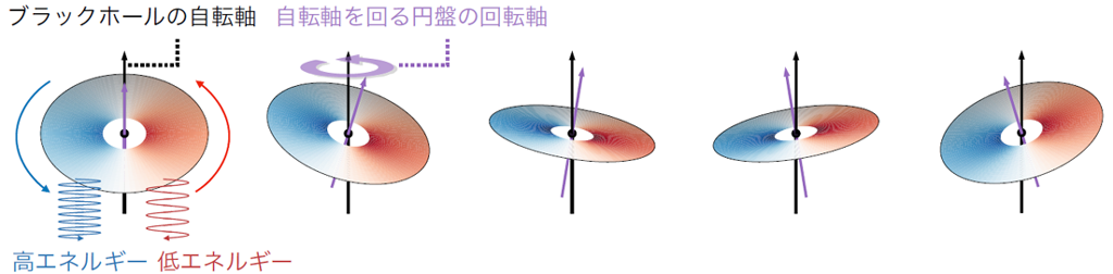 図4：ブラックホール近くの円盤の時間変化の模式図。